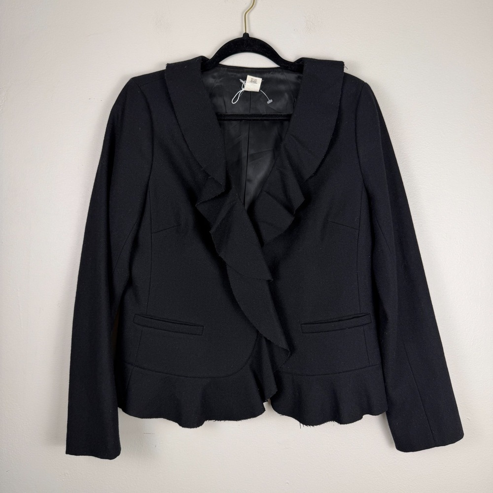 J.Crew Blazer Jacket Womens 10 Black Wool‎ Blend Cropped Ruffled Neck Career